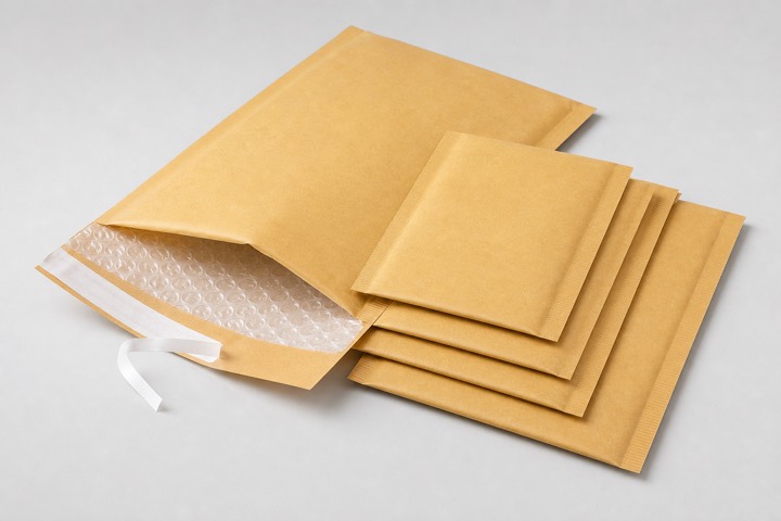 Kraft paper bubble mailer with bubble lining and self seal strip