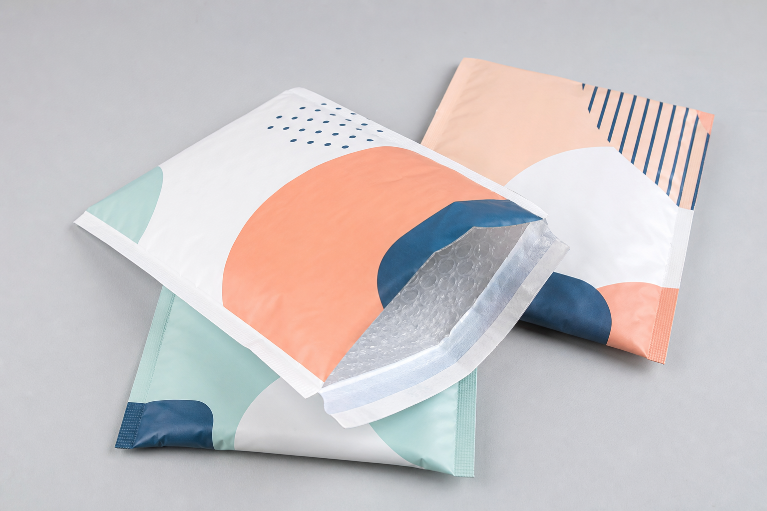 Custom printed poly bubble mailer with open bubble lining